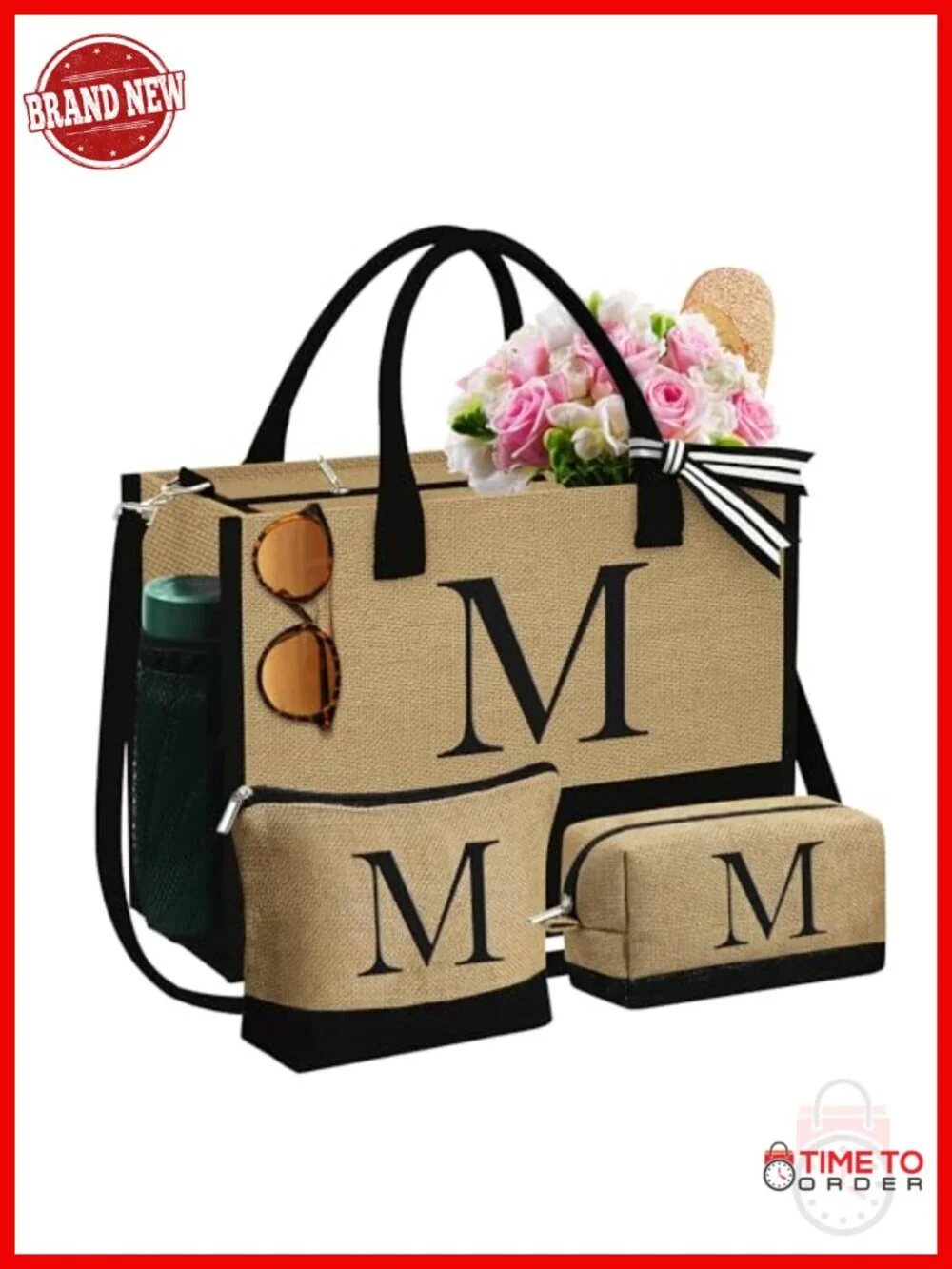 Initial Jute Tote Bag with 2 Makeup Bags - Personalized Gift
